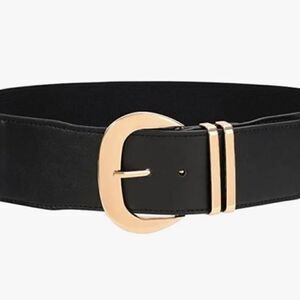 Women Wide Elastic Waist Belt for Dresses Fashion Gold Buckle Stretchy Leather